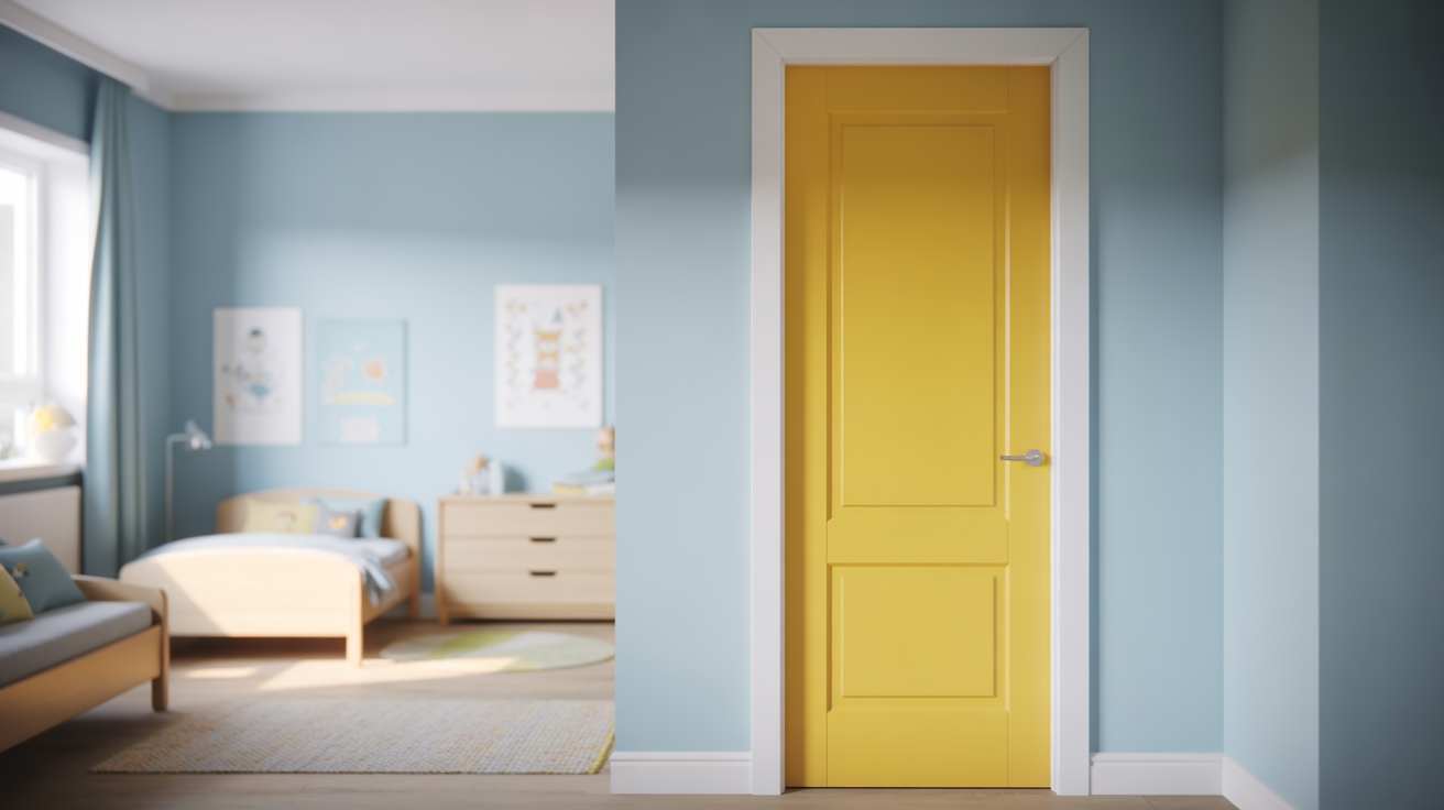 Porta pintada em amarelo vibrante com batente e rodapé branco