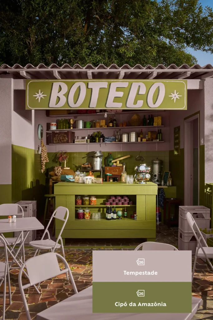 Boteco Co(r)existir 2026 com as cores do ano 2026 da Suvinil, Tempestade e Cipó da Amazônia
Cores do ano 2026 da Suvinil, Tempestade (rosa queimado) e Cipó da Amazônia (verde cítrico), lado a lado.