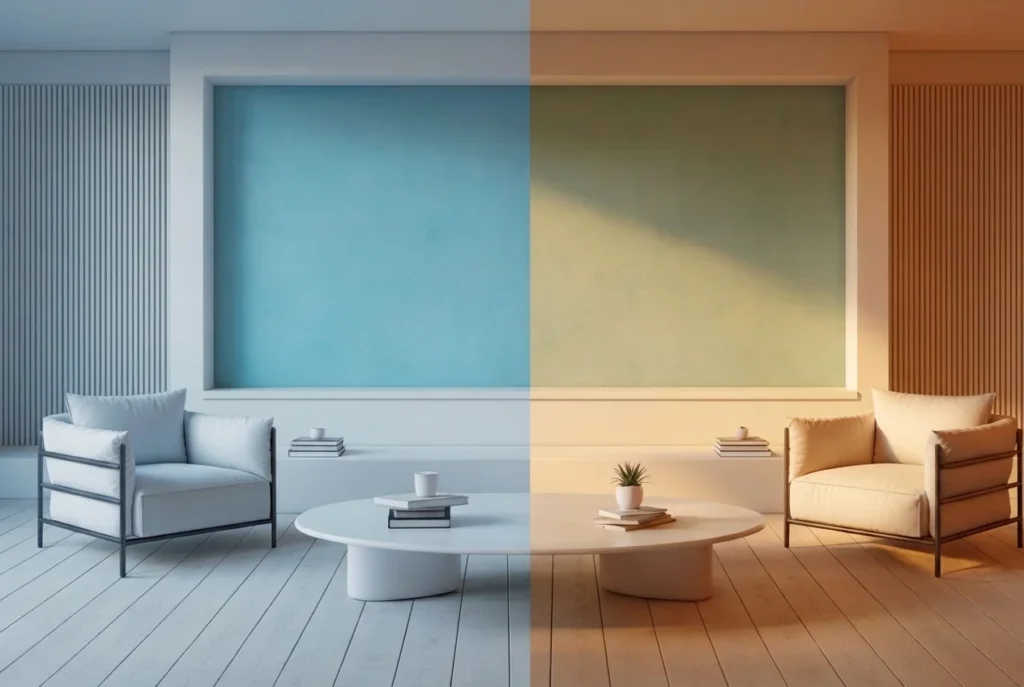 Sala de estar minimalista com divisão de iluminação fria e quente, mostrando contraste entre tons azulados e alaranjados, com poltronas modernas, mesa de centro e decoração clean.