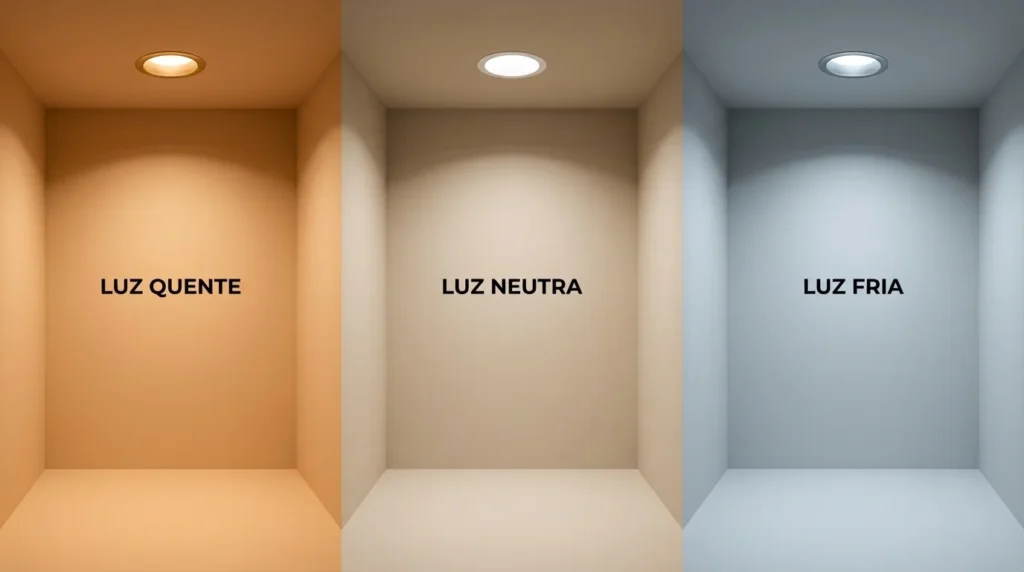 Comparativo de temperatura de cor da luz: três ambientes idênticos iluminados com luz quente (amarelada), luz neutra (branca suave) e luz fria (azulada), demonstrando o impacto visual de cada tipo de iluminação em um espaço.