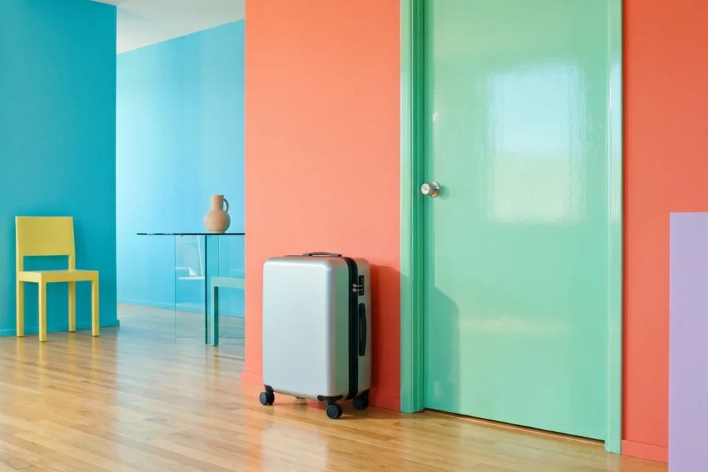 Ambiente interno moderno com paredes coloridas em tons de coral, azul e verde, porta verde destacada e mala de viagem ao lado, evidenciando uso criativo de cores na decoração.