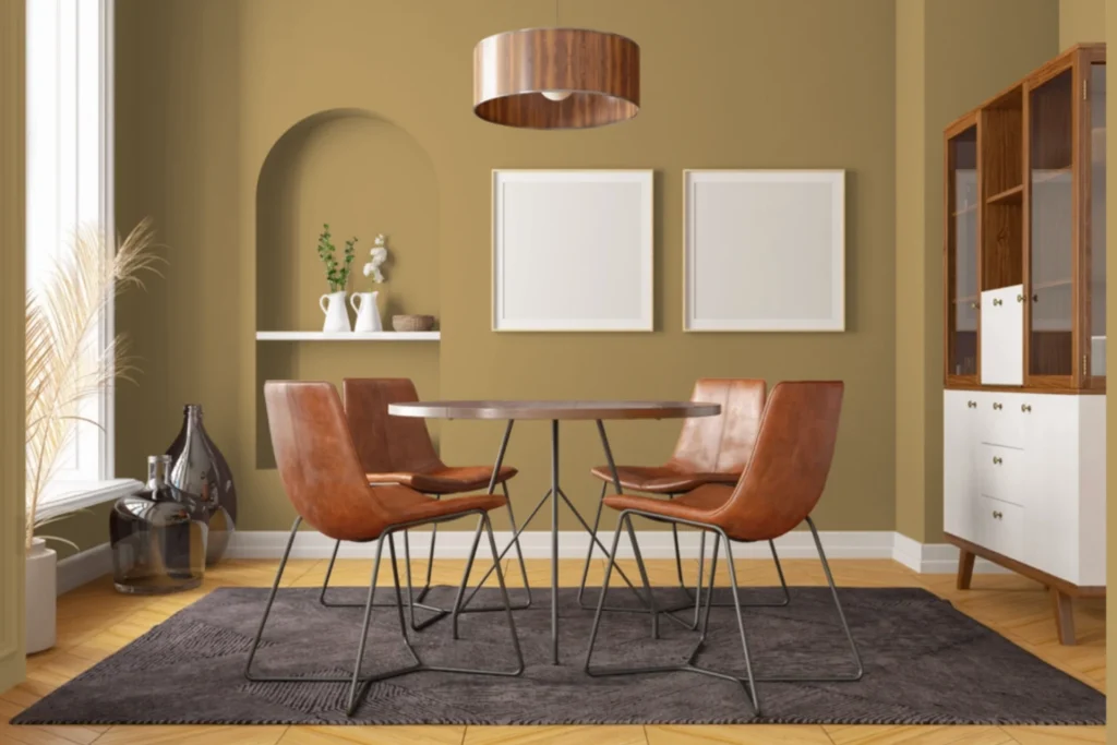 Sala de jantar moderna com parede na cor Vira-lata Caramelo, da Suvinil, mesa redonda, cadeiras de couro marrom, iluminação pendente e decoração minimalista com elementos em madeira e tons neutros.