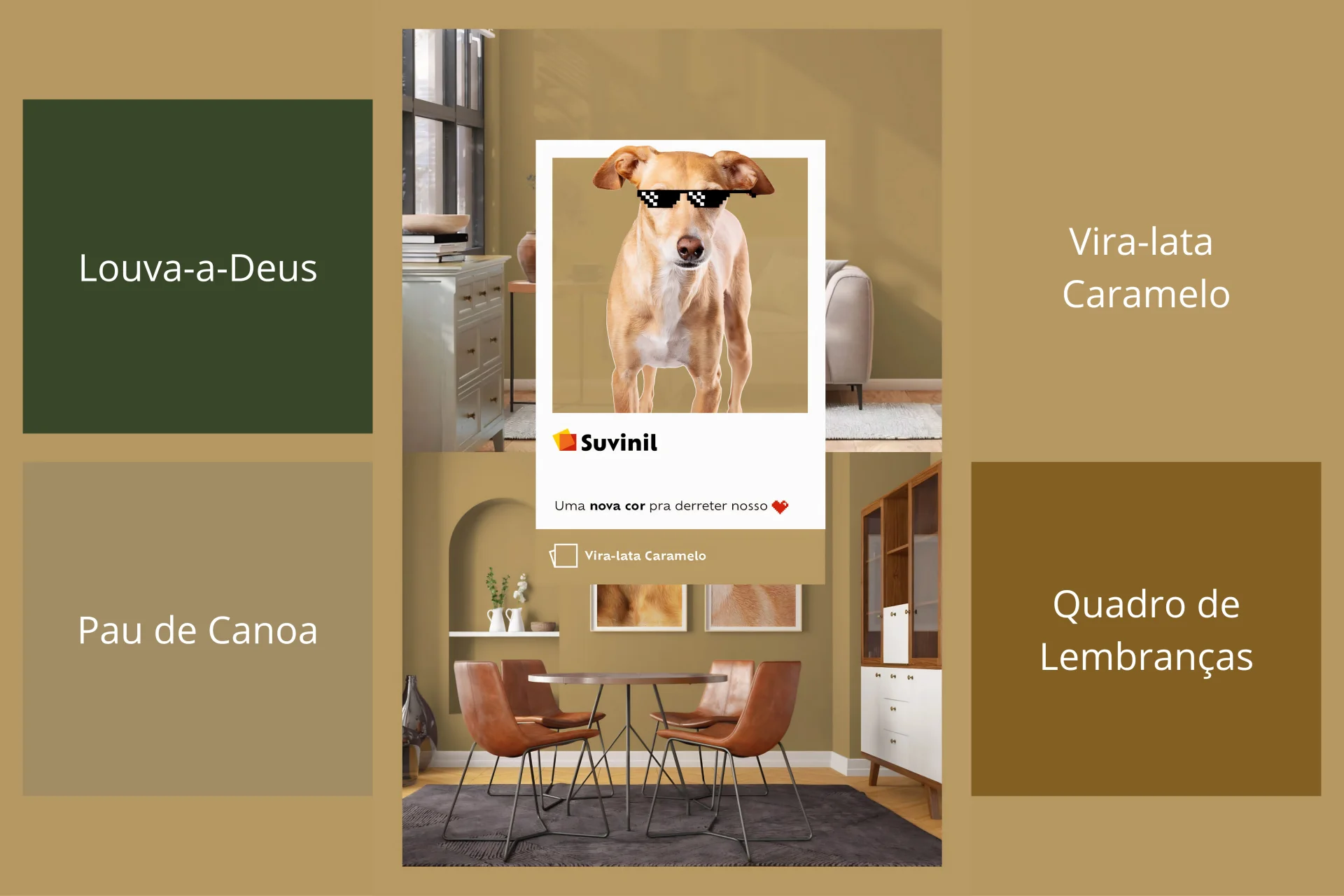 Composição de paleta de cores Suvinil com destaque para Vira-lata Caramelo, acompanhada pelos tons Louva-a-Deus, Pau de Canoa e Quadro de Lembranças, aplicada em ambiente interno com decoração contemporânea em tons terrosos.  