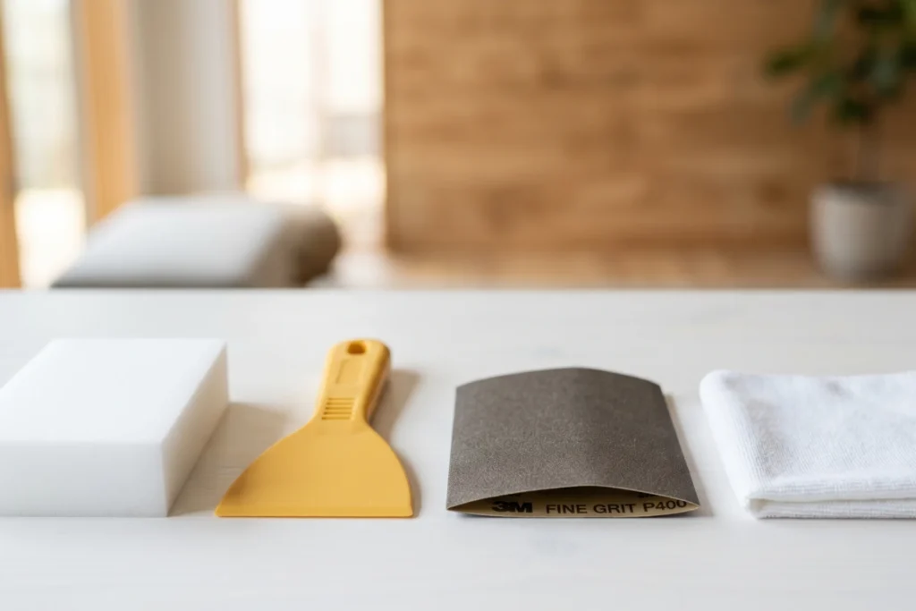 Kit de preparação para reparos com esponja, espátula plástica, lixa fina e pano sobre superfície clara, representando materiais para acabamento e preparação de superfícies.