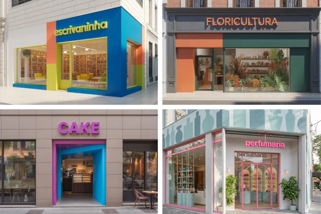 Sequência de fachadas comerciais simuladas com aplicação de cores na proporção 60-30-10, destacando equilíbrio entre base, contraste e pontos de destaque.