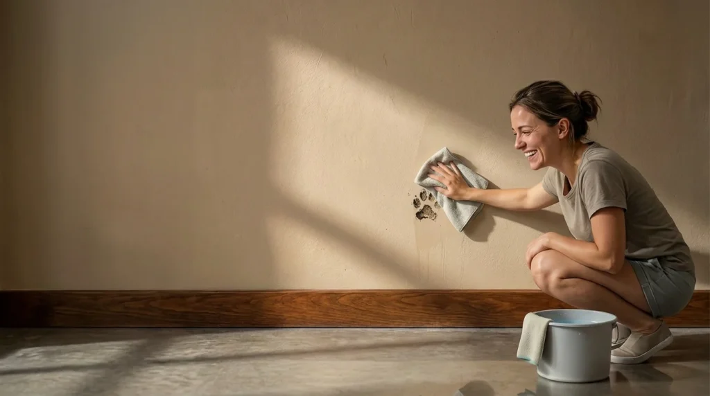 Mulher limpando parede com pano úmido para remover manchas, ao lado de balde de limpeza, em ambiente interno com iluminação natural e rodapé de madeira.