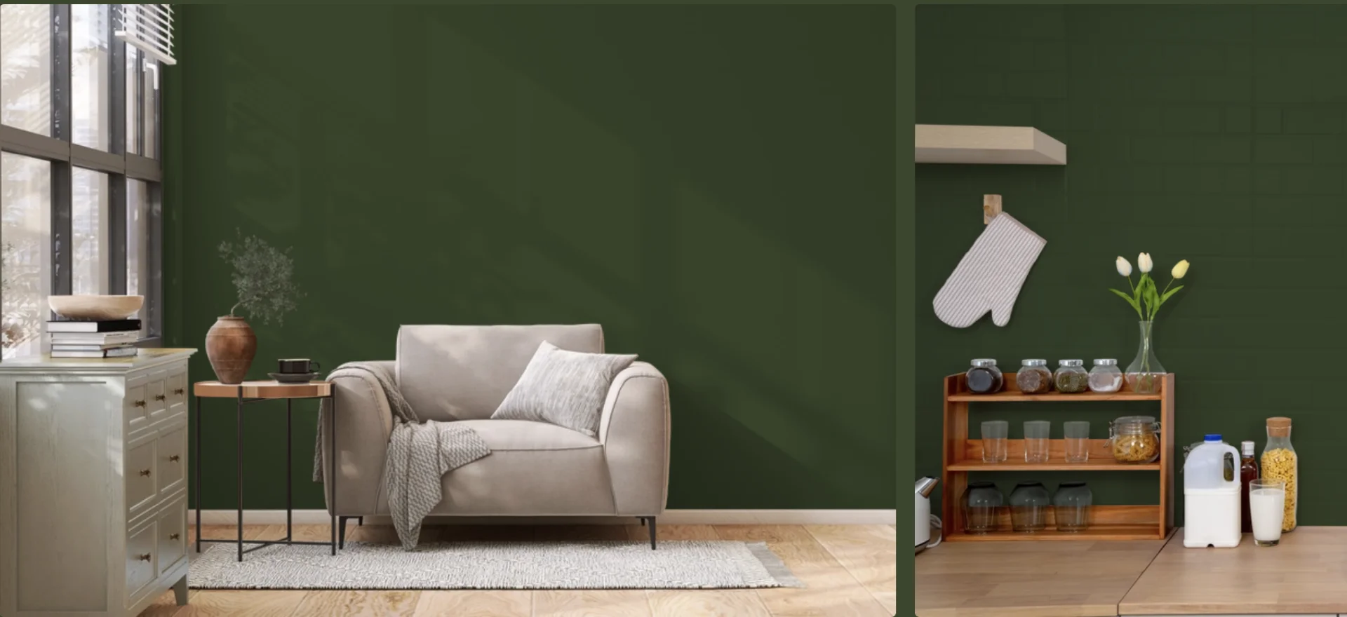 Ambiente interno contemporâneo com parede na cor Louva-a-Deus, da Suvinil, em tom verde profundo, combinada com móveis em madeira clara, poltrona neutra e elementos decorativos que reforçam uma estética natural e acolhedora.