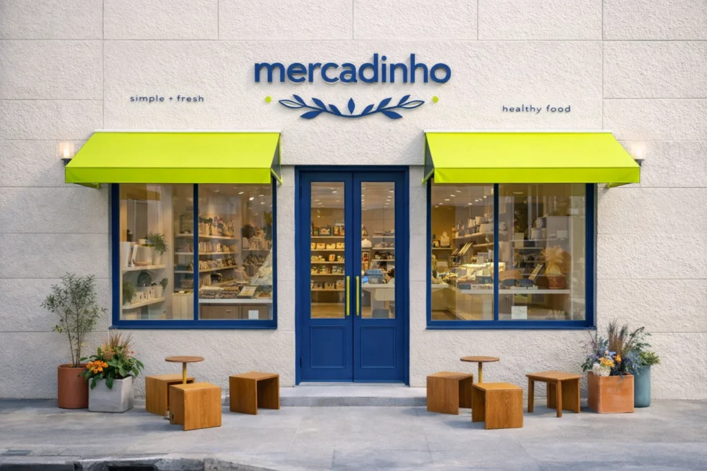 Fachada de estabelecimento moderno com portas azuis, vitrines amplas, toldos verdes e decoração minimalista com bancos de madeira e plantas.