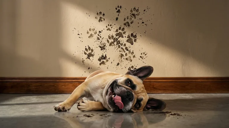 Cachorro deitado no chão com patas sujas deixando marcas de lama na parede, ilustrando sujeira doméstica comum e necessidade de limpeza ou pintura.