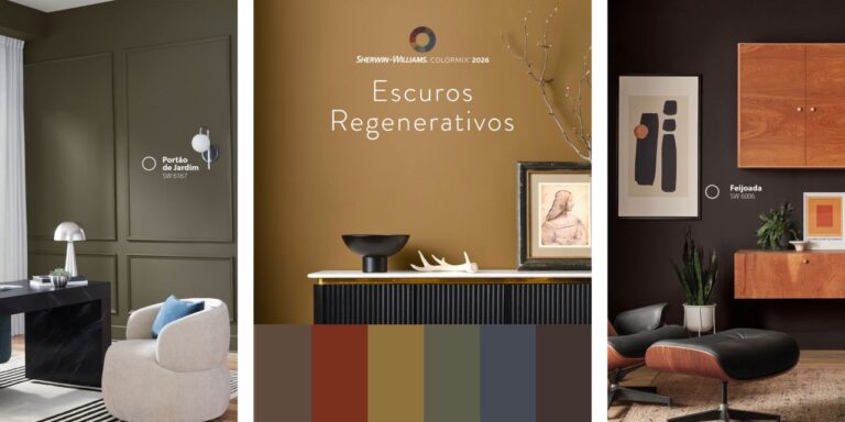 Ambientes sofisticados com tons terrosos e escuros da paleta “Escuros Regenerativos”, da coleção Antologia Volume Dois da Sherwin-Williams, destacando decoração contemporânea com cores profundas, madeira e design elegante.