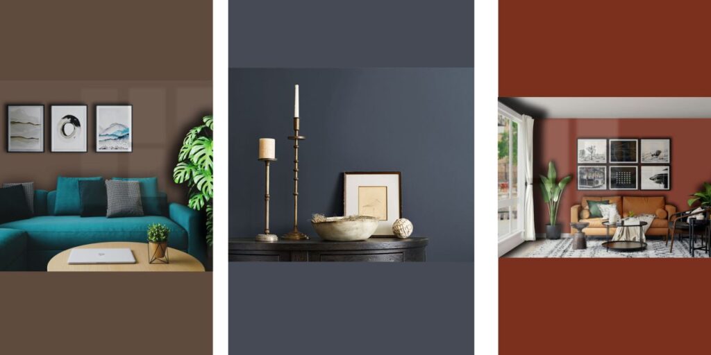 Composição de ambientes decorados com tons escuros e sofisticados da paleta “Escuros Regenerativos”, da coleção Antologia Volume Dois da Sherwin-Williams, destacando marrom terroso, azul profundo e vermelho acobreado em salas contemporâneas.