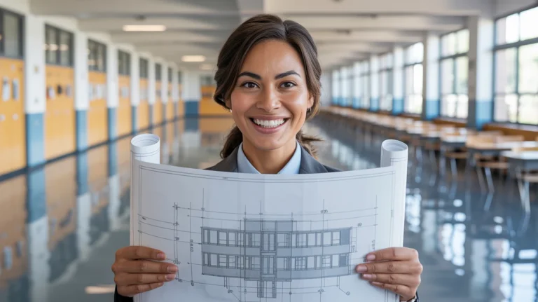 Gestora escolar sorrindo e segurando planta arquitetônica em corredor de escola, representando planejamento de infraestrutura, manutenção predial e gestão de obras em ambiente educacional.