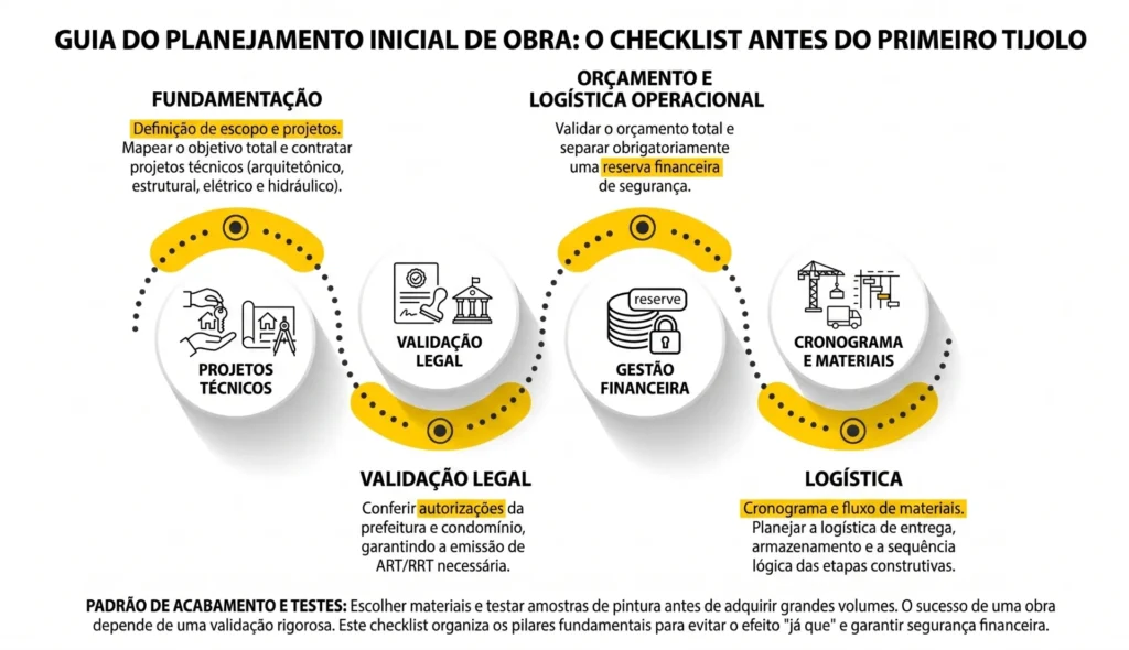 Infográfico sobre planejamento inicial de obra com checklist antes da construção, destacando etapas como definição de projetos, validação legal, gestão financeira, orçamento, cronograma e logística de materiais.