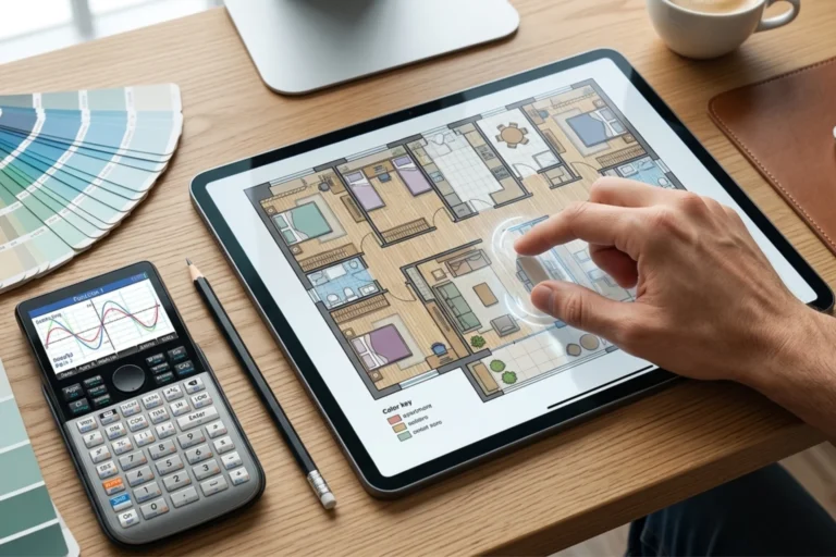 Mão interagindo com planta baixa digital em tablet sobre mesa de trabalho, com paleta de cores, calculadora e lápis, representando planejamento de interiores e escolha de cores para projeto residencial.