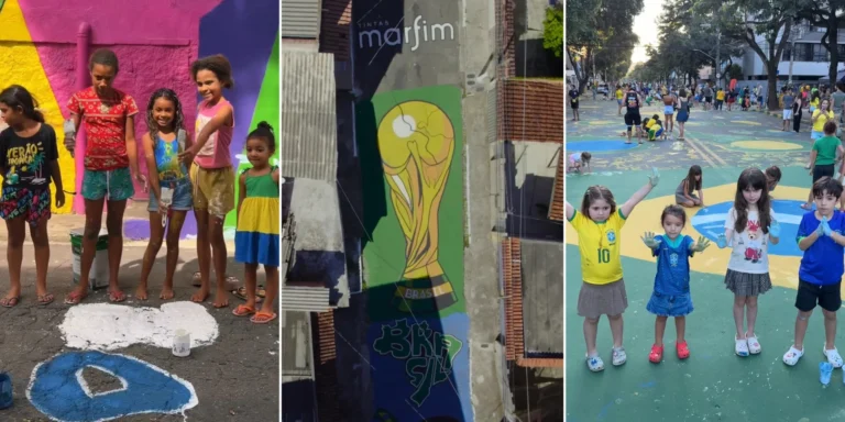 Moradores pintando o asfalto das ruas de Vitória para a Copa do Mundo de 2026 com o apoio da Politintas.