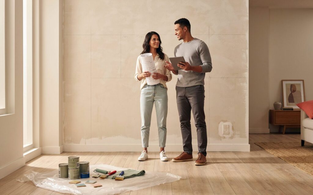 Pessoas sorrindo e planejando a reforma da casa com prancheta em mãos, com foco em organização e economia.