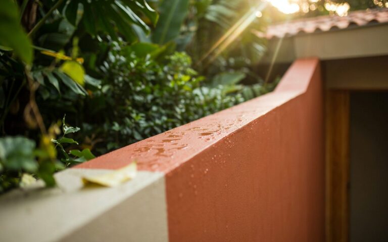 Parede externa protegida com tinta impermeabilizante repelindo gotas de água da chuva contra infiltrações.