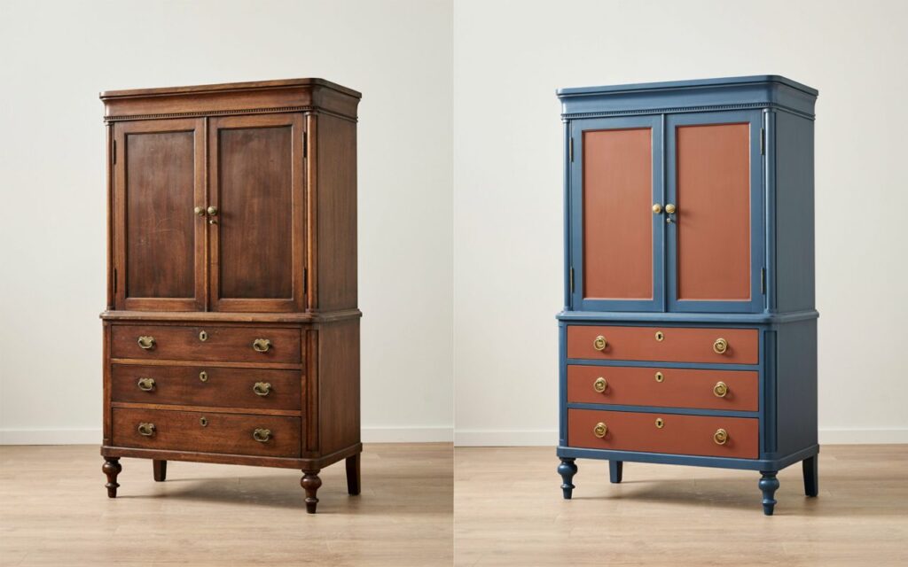 Comparação de móvel antigo de madeira antes e depois da restauração com pintura em azul e terracota, mostrando como renovar móveis de madeira com cores e pintura.