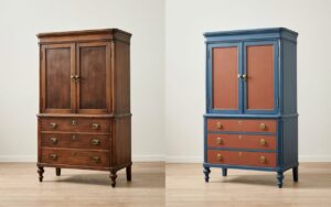 Comparação de móvel antigo de madeira antes e depois da restauração com pintura em azul e terracota, mostrando como renovar móveis de madeira com cores e pintura.