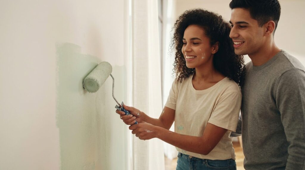 Casal pintando parede de sala com rolo e tinta verde clara, mostrando renovação de ambiente residencial