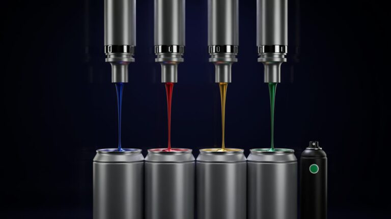 Laboratório tintométrico com dosadores automatizados de tintas azul, vermelha, amarela e verde, ilustrando a preparação de cores para tintas automotivas em spray.